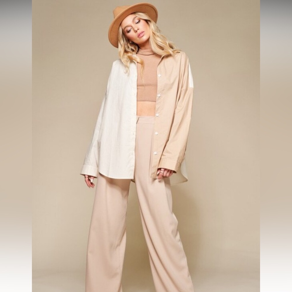 White & Tan Color Block Oversized Button Down Cotton
